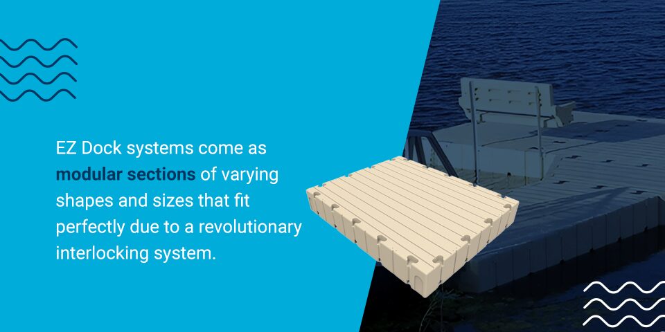 EZ Dock systems come as modular sections of varying shapes and sizes that fit perfectly due to a revolutionary interlocking system.